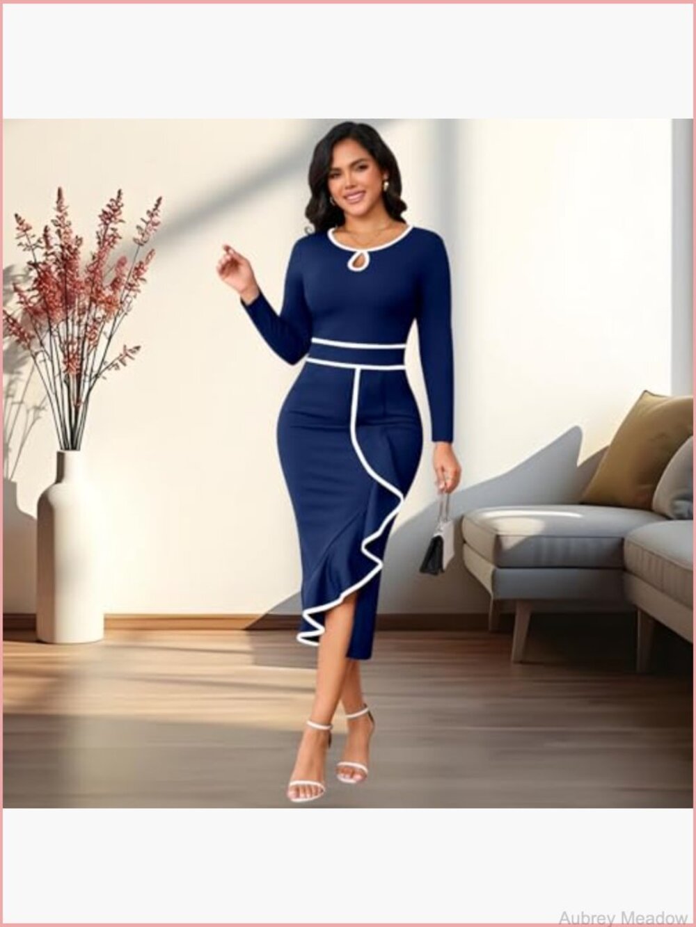 Elegant Vintage Bodycon Midi Dress Long Sleeve Pencil Work Church - Picture 7 of 7
